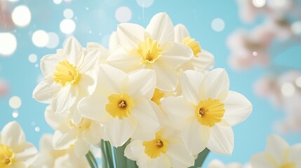Fototapeta premium Delicate White Daffodils Spring Bouquet Soft Blue Background