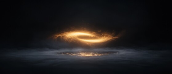 A glowing, yellow object is suspended in the air above a dark background