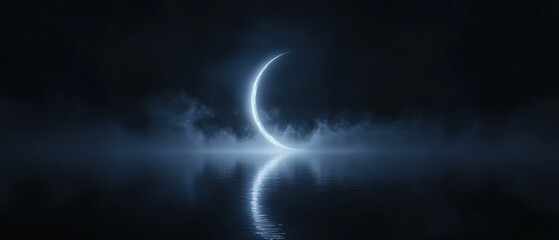 A dark sky with a crescent moon in the middle