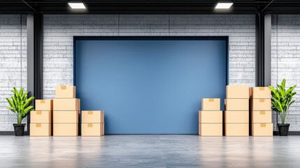 Modern Warehouse Interior with Boxes and Plants in Urban Setting
