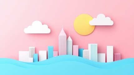 Bright and Colorful Cityscape with Paper Craft Elements and Sun