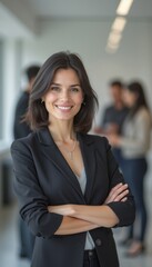Obraz premium A poised businesswoman with dark hair and a warm smile stands confidently in a sleek office environment. Her professional attire and relaxed posture convey a sense of leadership and approachability