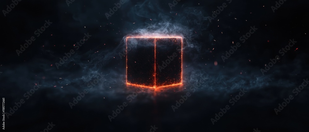 Poster a cube with fire on it is shown in a dark background