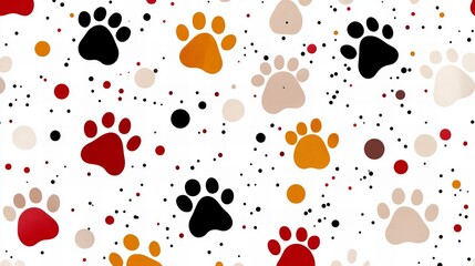 Fototapeta premium Colorful paw prints scattered on a white background. A playful and vibrant pattern perfect for pet-themed designs.