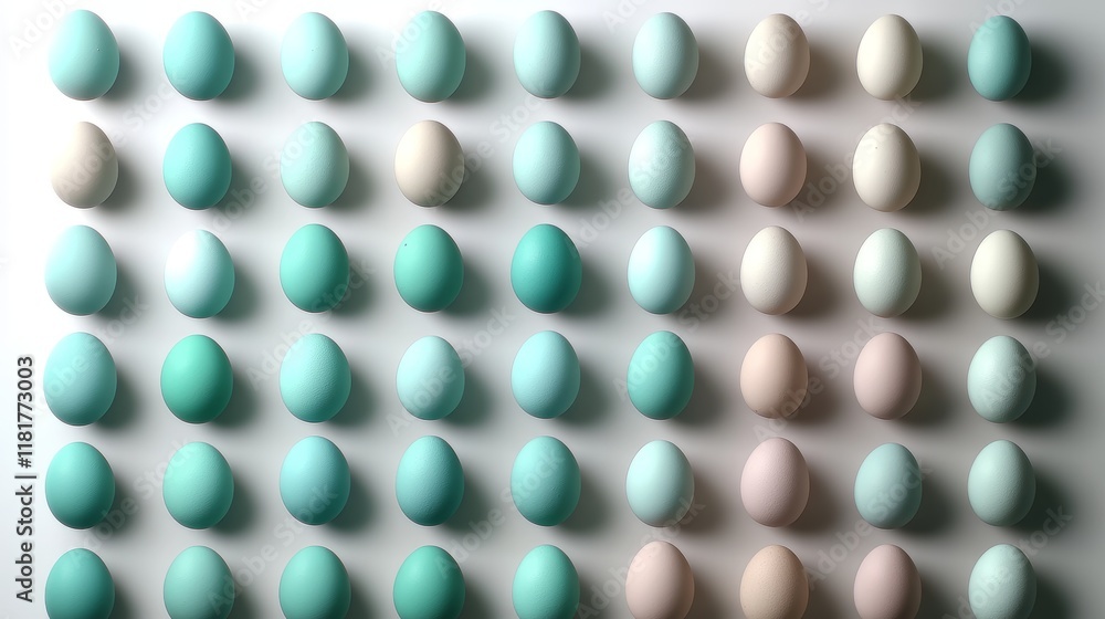Poster perfectly aligned pastel-colored easter eggs create a minimalist and symmetrical display on a white 