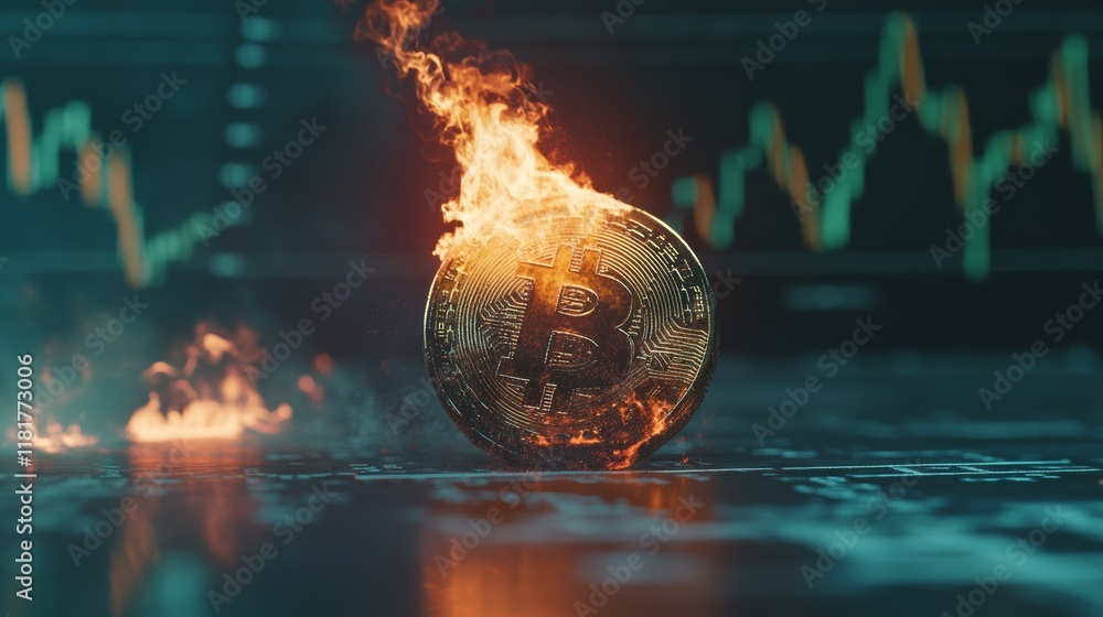 Poster burning bitcoin in flames symbolizes cryptocurrency market crash showing investment risk and financi
