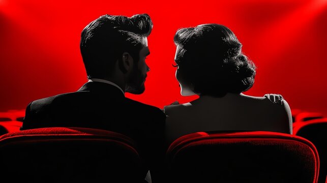 A classic 1960s movie theater, a couple seated close, surrounded by vintage red velvet seats, the glow of the screen reflecting their passionate connection