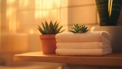Serene bathroom with folded towels and succulent plants at sunset