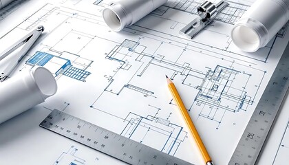 Architectural Blueprint Design Drawings: House Plan with Tools and Rolled Papers