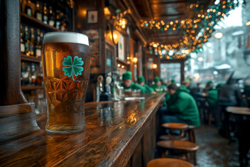 Festive gathering at an Irish pub celebrating St. Patrick's Day with patrons in green enjoying drinks and a lively atmosphere. Beer mug on a counter in Irish pub at Saint Patrick day celebration