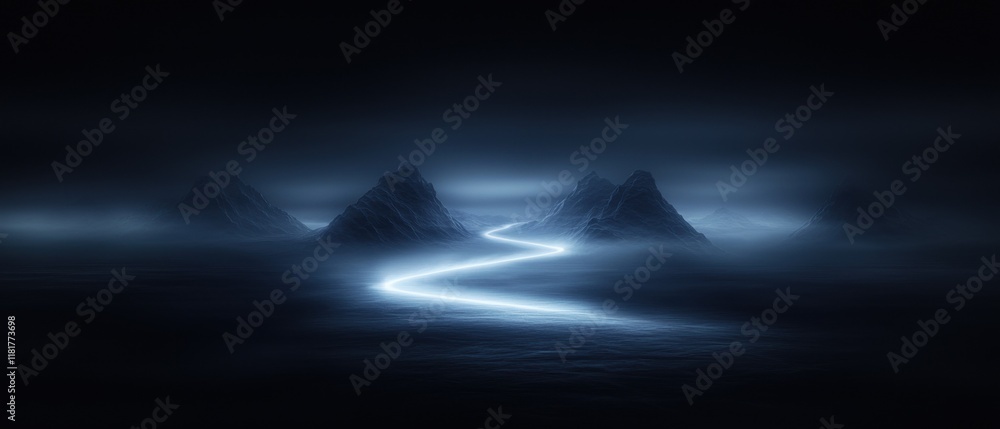 Poster a mountain range is shown in the dark with a river running through it