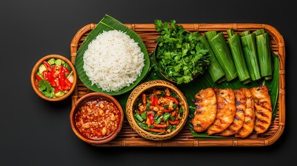 Delicious Asian Cuisine Platter with Grilled Chicken and Sides