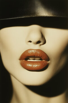 Sado-maso style  concept. Close up portrait of young fashionable model wearing leather hat. Studio shot