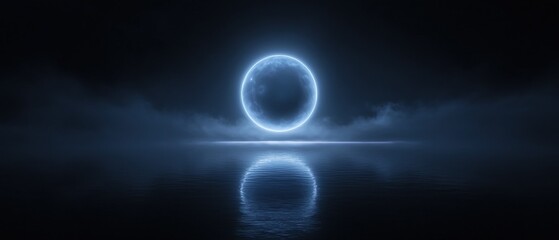 A large blue circle is floating in the dark sky above a body of water