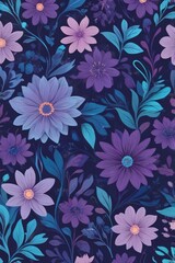 Seamless Abstract Purple and Blue Magical Flowers Pattern Background