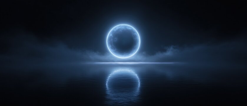 A large blue circle is floating in the dark sky above a body of water