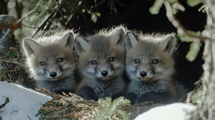 Obraz premium Three adorable fox cubs peeking out from their den, surrounded by nature