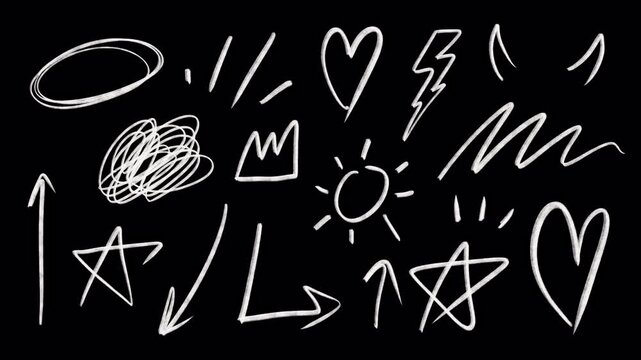 Street Cool Doodle icons, wiggle animation stickers: scribble, evil, arrows, stars, heart, crown, surprised, sun, rough pencil crayon style on a transparent background, alpha channel