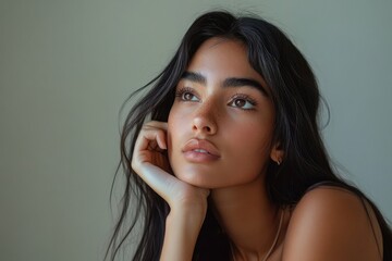 Thoughtful woman resting her chin on her hand, gazing forward in contemplation against a neutral background