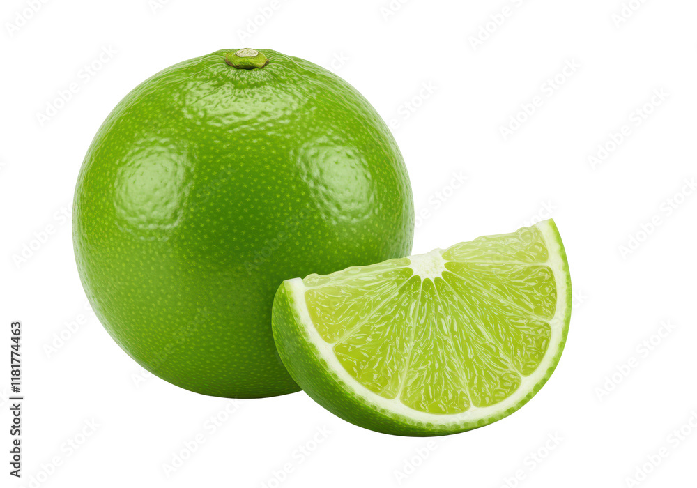 Poster a lime and a slice of lime isolated on white background, front angled view, no depth of field, sharp