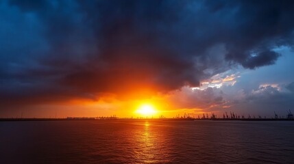 Obraz premium Dramatic Sunset Over Industrial Harbor Silhouette