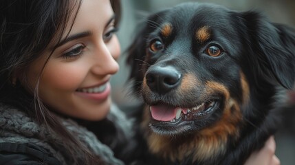 A joyful woman embraces her smiling dog, showcasing a heartwarming connection filled with love and companionship