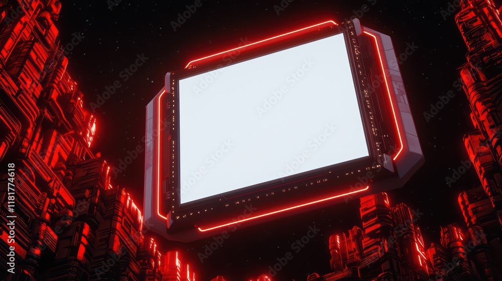 Poster futuristic digital frame surrounded by neon red structures in space