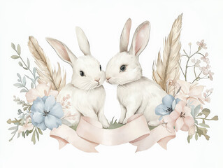 dos lindos conejitos blancos amorosos pintados en acuarela, con una cinta rosa pastel acon espacio vacio y rodeados de flores rosas pastel sobre fondo blanco. Concepto San Valentin, pascua