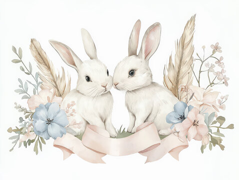 dos lindos conejitos blancos amorosos pintados en acuarela, con una cinta rosa pastel acon espacio vacio y rodeados de flores rosas pastel sobre fondo blanco. Concepto San Valentin, pascua