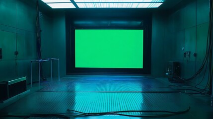 Green screen in a futuristic, teal-lit room.