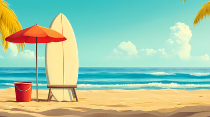 Blank sign on a beach with surfboard, beach umbrella and a beach bucket. Shorebound. Illustration