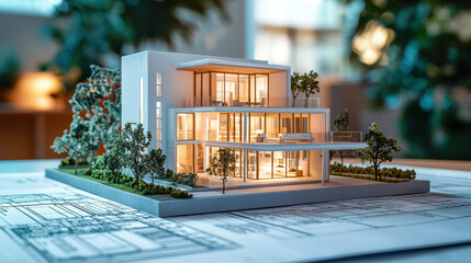 modern architectural model of house showcasing clean lines and large windows, surrounded by greenery