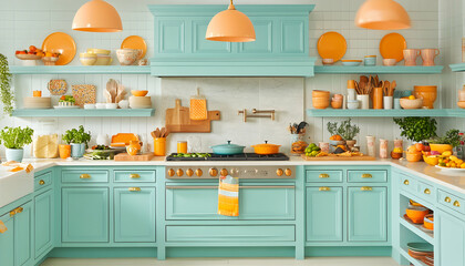 Vibrant teal kitchen with orange accents, showcasing modern appliances and stylish storage solutions.  Plenty of natural light illuminates the bright and airy space.
