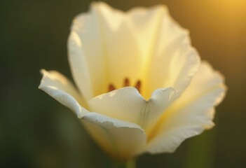 Close up of a cream colored tulip with visible veins, bathed in golden hour light