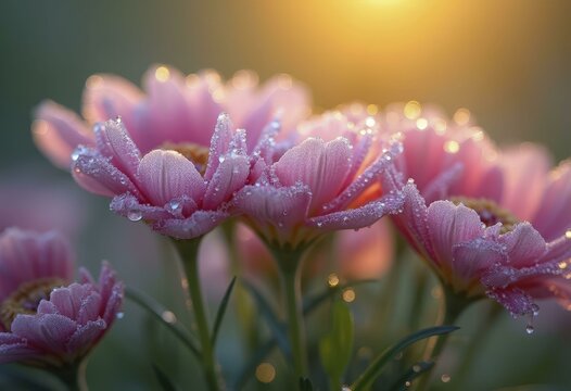 Dew covered pink daisies in a garden at sunrise, with water droplets magnifying vibrant colors