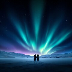 Fototapeta premium Lovers under a vibrant aurora borealis, snowcovered landscape, cinematic feel, romantic adventure, passion