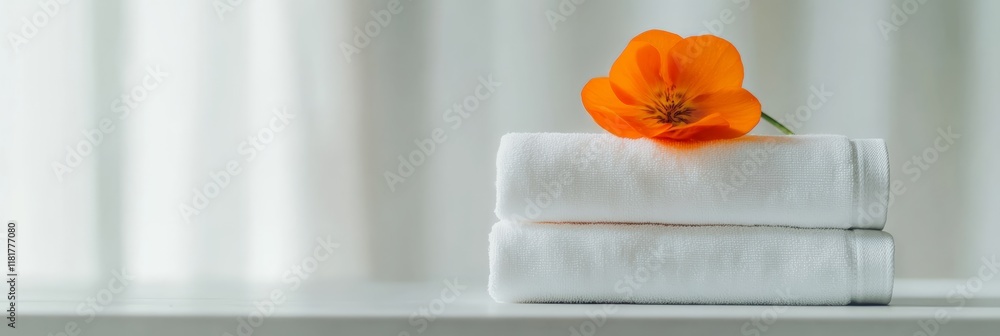 Poster two fresh white towels lying on a table with an orange flower on top, creating a relaxing atmosphere