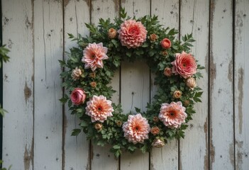 Floral wreath of pink dahlias and peach roses hanging on a rustic wooden door with visible cracks adding texture