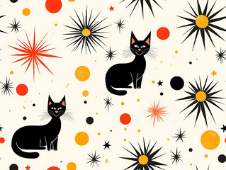 Black Cats and Stars Pattern Wallpaper