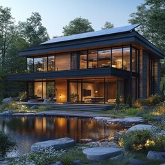 Obraz premium AI-Powered House with Solar Panel Roof in Morning Sunlight