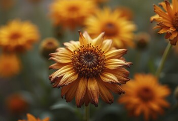 Close up of a wilted flower surrounded by vibrant blooms, highlighting the contrast between life and decay