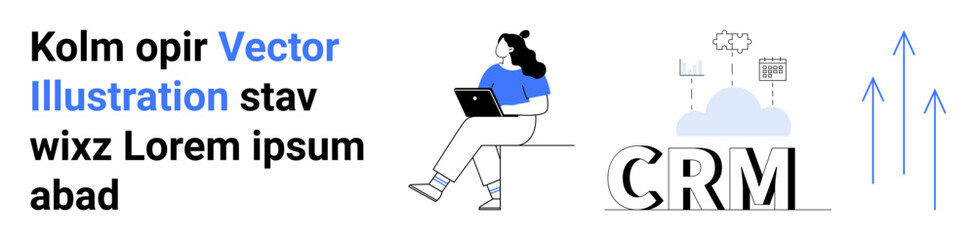 Woman with laptop, CRM software cloud, ascending arrows. Ideal for CRM, data management, business growth, technology integration, productivity, remote work, corporate strategy. Landing page