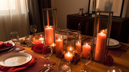 A romantic Valentine&rsquo;s Day setting featuring a beautifully decorated table with roses, candles, and elegant dinnerware. 47