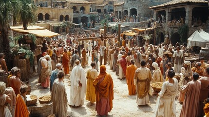 Historical Scene with Crowds in Ancient Marketplace Setting