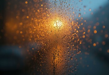 Obraz premium Rain splattered window reflecting warm sunset hues through droplets, with a blurred cityscape in the background