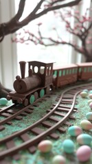 Whimsical chocolate Easter train traveling through a candy-filled meadow with colorful egg-shaped carriages
