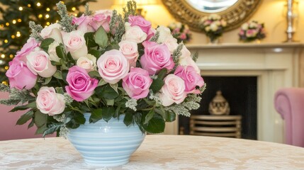 Obraz premium Elegant Pink Rose Bouquet in Blue Striped Vase