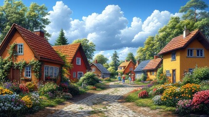 Fototapeta premium Charming Village Scene with Colorful Houses and Vibrant Flowers