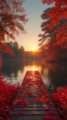 A serene autumn landscape at sunset, featuring a wooden dock leading into a still lake. The dock is covered in vibrant red and orange fallen leaves, while the surrounding trees....