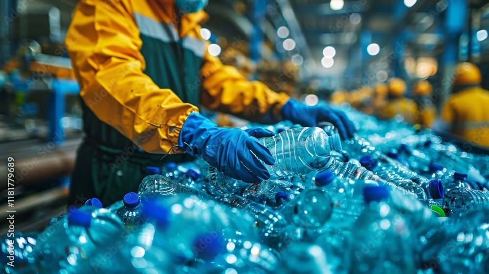 Poster a worker in protective gear is sorting through a large pile of plastic bottles at a recycling facili